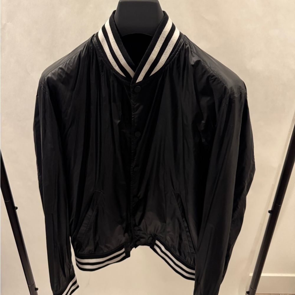 Theory Black Bomber Jacket with White Stripe Trim